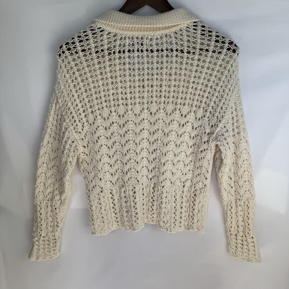 American Eagle Women’s XS Lace Up Collared Crochet Open Knit Cream Sweater Boho - Picture 4 of 10